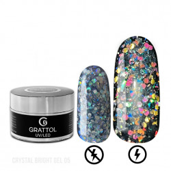 Grattol Gel Crystal Bright 05. 15 мл.  Гель с светоотражающим крупным глиттером.