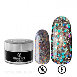 Grattol Gel Crystal Bright 06. 15 мл.  Гель с светоотражающим крупным глиттером.